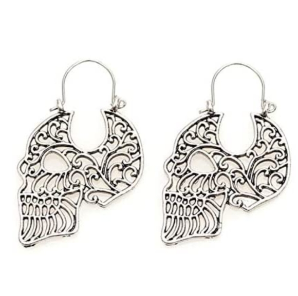 Silver Skull Filigree Outline Earrings Goth Line Art Lace Dangle Skulls Biker - Picture 9 of 10